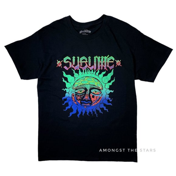 Sublime Sun Logo Neon Green, Blue, Orange, Purple & Black Band T-Shirt - Picture 1 of 4